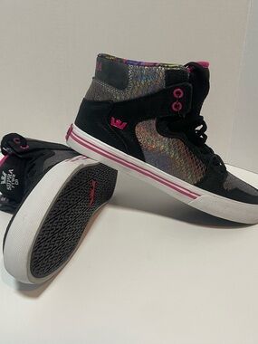 Supra Kids High-Top Sneakers in Black with Pink and Iridescent Detail